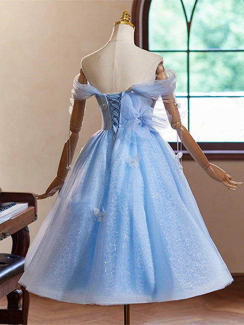 Blue Beaded A-line Tulle Knee Length Party Dress, Blue Tulle Homecoming Dress